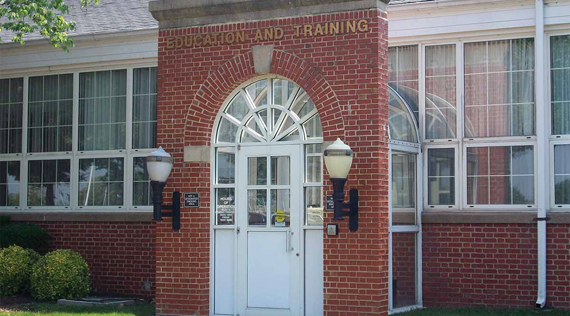 Education and Training Building's front entrance.