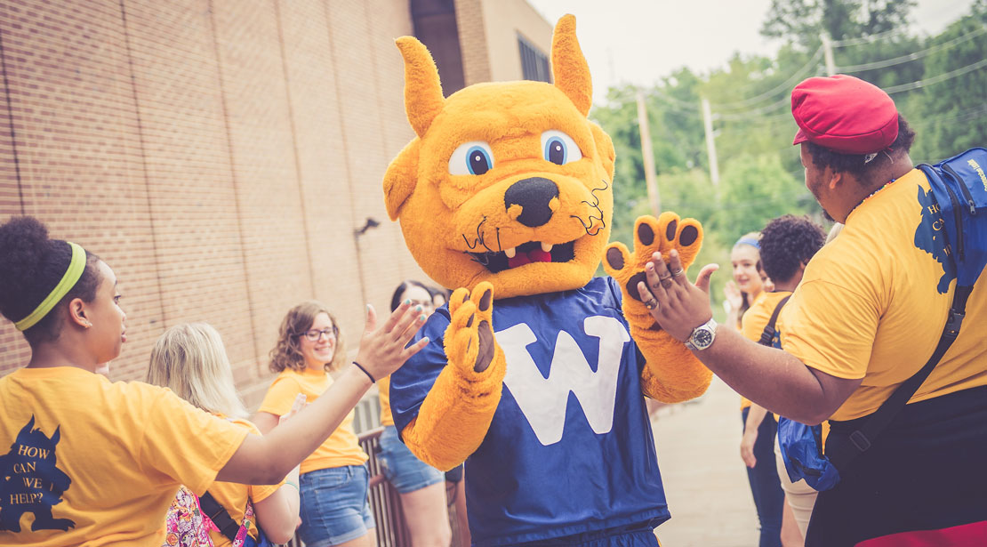 Gorlok mascot high-five students wearing yellow at the end of the spirit tunnel, consisting of many students standing with hands out to high-five.
