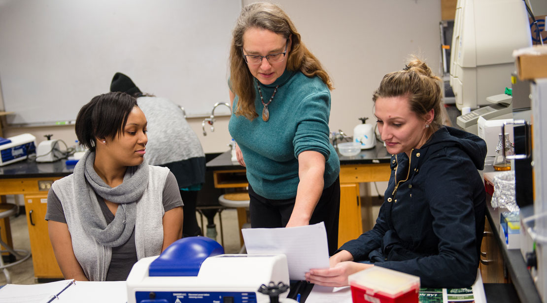 Dr. Schroeder reviewing instructions with two biochemistry students.