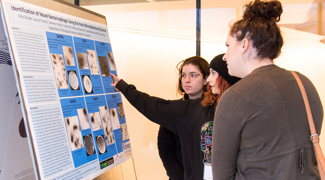 group of students examining research poster