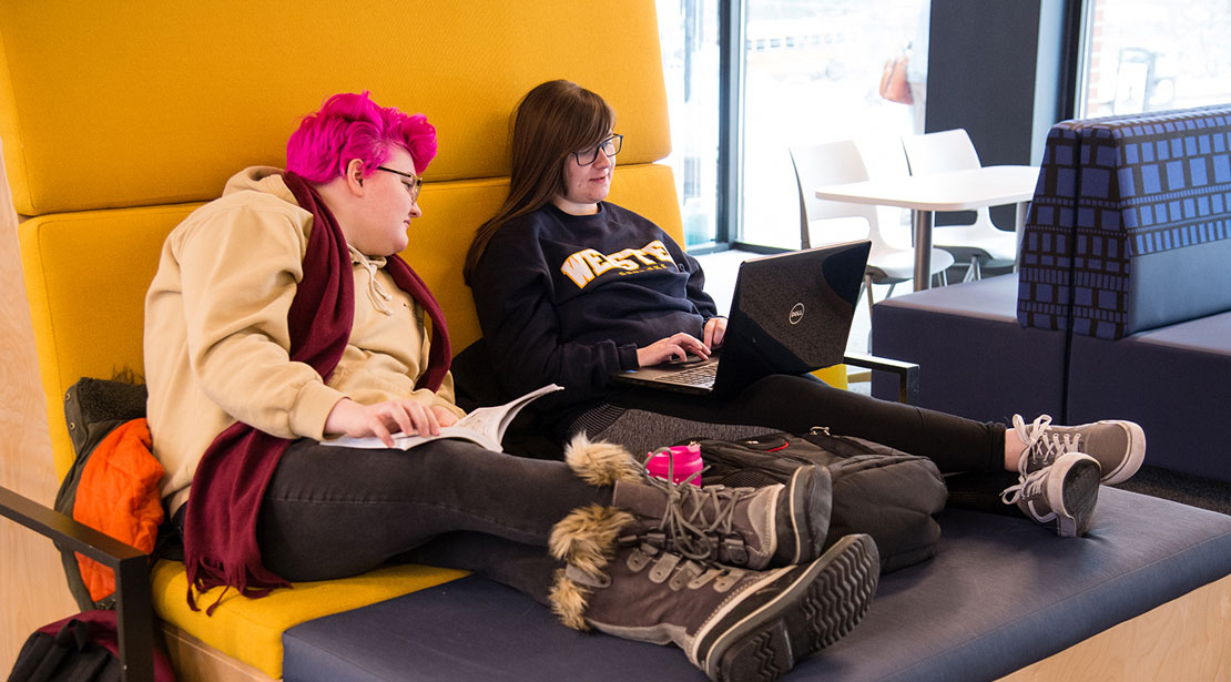 Two students work together on a laptop in a communal area on large high-backed chaise lounges.