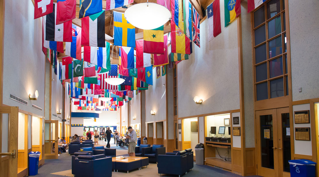 Overview of lobby with international flags above