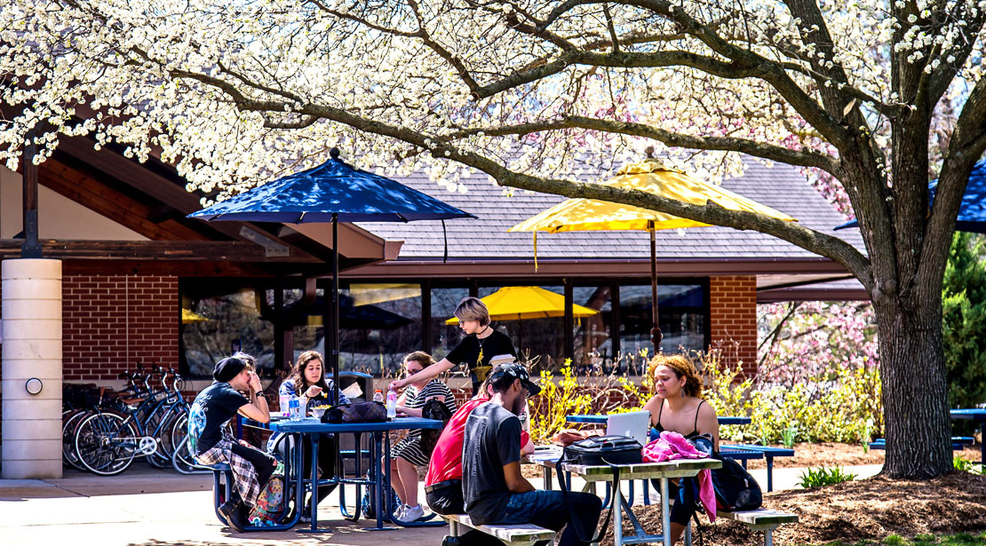 Students sitting at outside tables talking