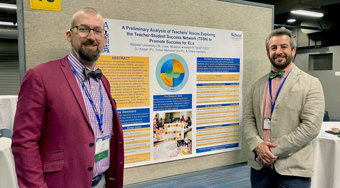 Professors DJ Kaiser and Soheil Mansouri present an academic poster at the 2022 TESOL Conference