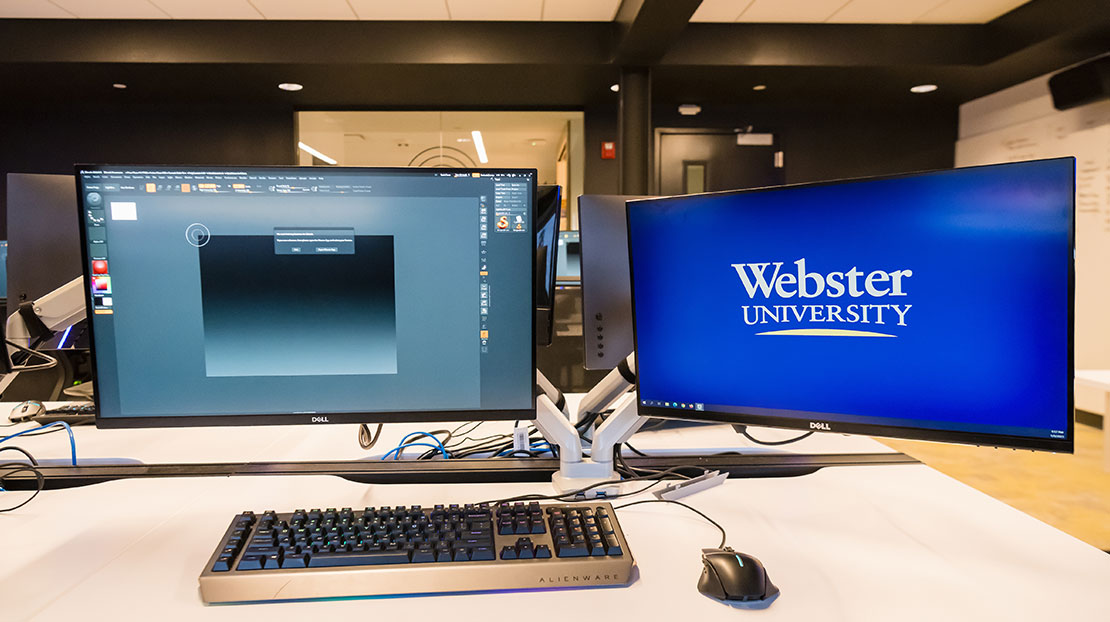 computer lab with dual monitors
