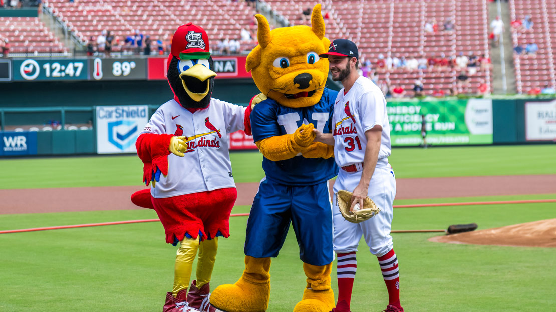 The Gorlok meets a St. Louis Cardinals pitcher and the Cardinals' mascot, Redbird.