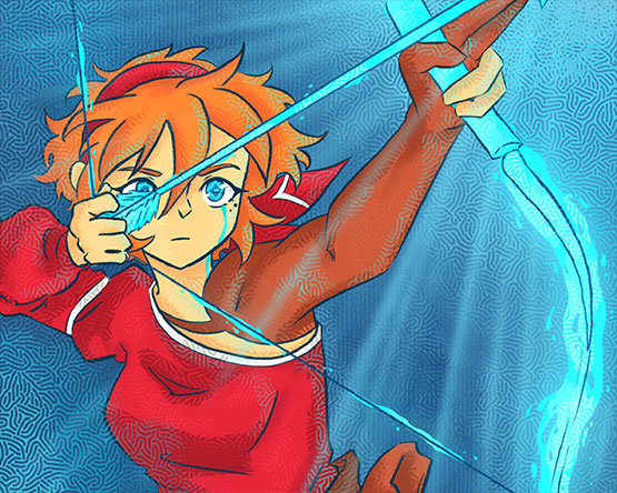 anime character with orange hair wearing red outfit and aiming a blue glowing bow and arrow upward