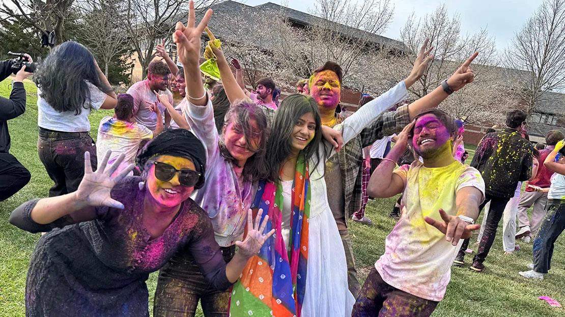 Students celebrating the Holi festival at Webster Groves campus. 