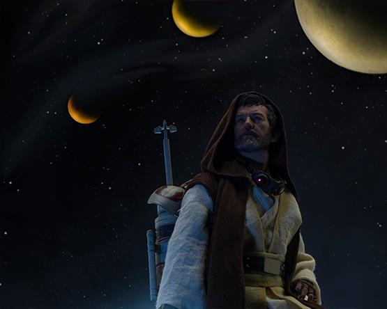 Nighttime scene with three moons and man dressed like Kenobi in brown and tan robes