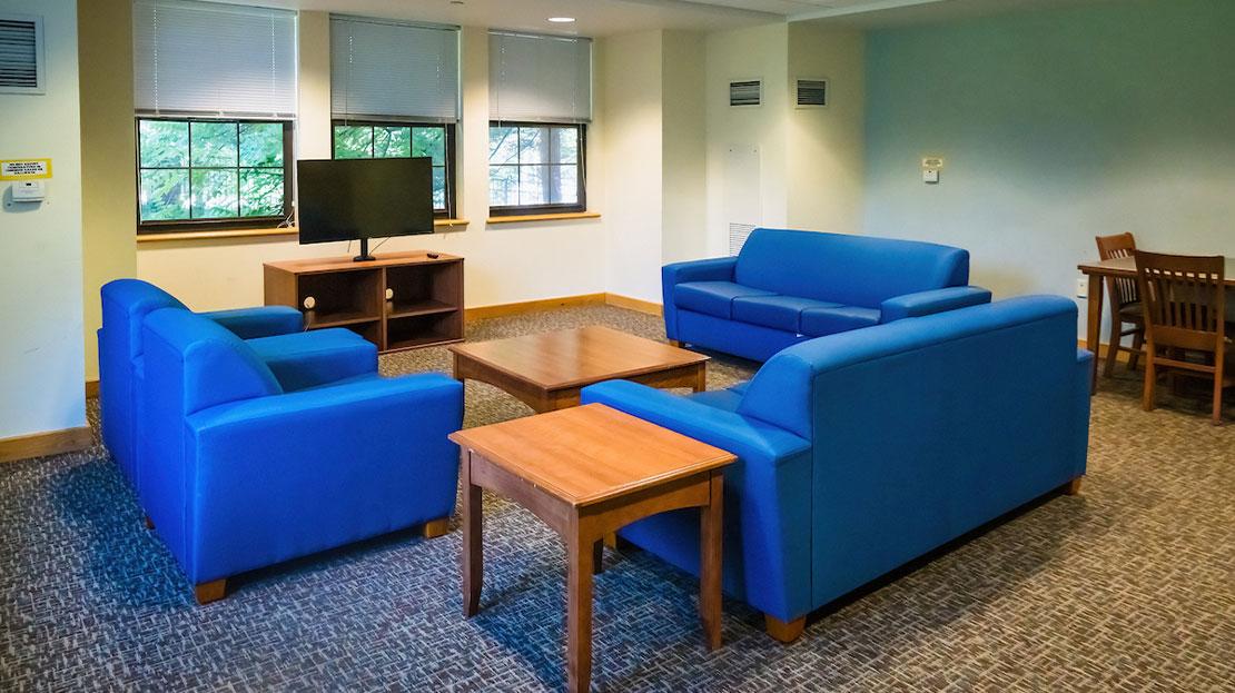 A dorm lounge with sofas and a television.