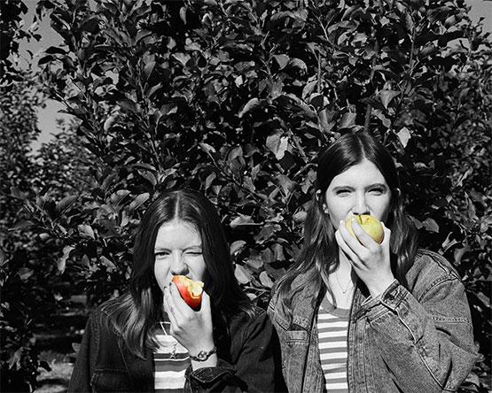Grayscale photo of two girls eating apples that pop in yellow and red.
