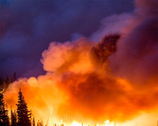 Smoke billowing over large forest fire.