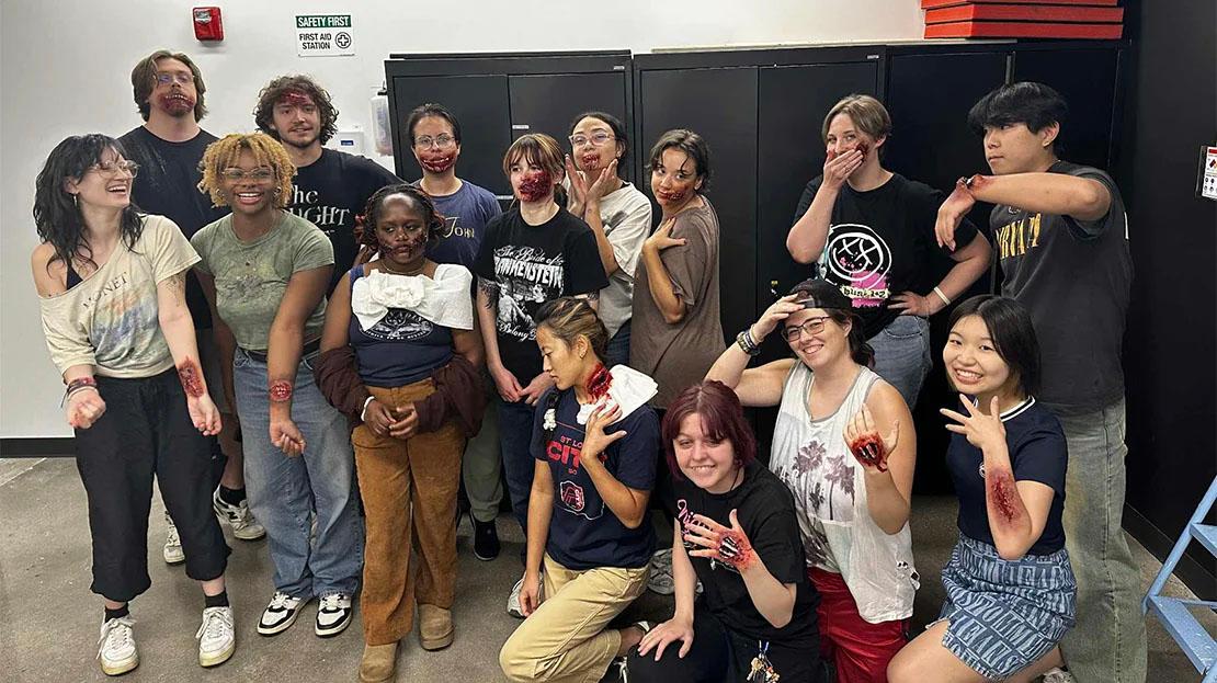 Students working on physical VFX and makeup in the workshop. 