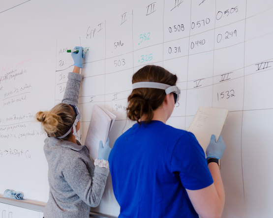 Students writing on a white board in a classroom.