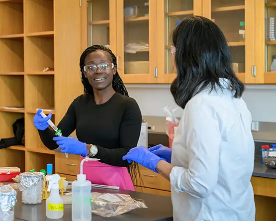 Students working in a medical lab and talking.